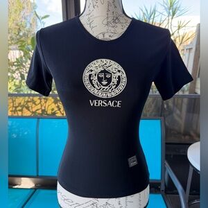 Versace Black Short-Sleeve Stretchy Top with White Medusa Logo Size Small